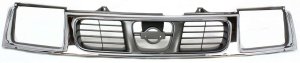 Grille for Nissan Frontier 1998-2000, Chrome Shell with Black Insert, Replacement