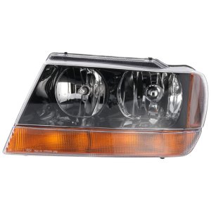 Headlight Assembly for Jeep Grand Cherokee 1999-2002, Left (Driver), Halogen, Black Interior, Excludes Limited/Overland Models, Up to 01-14-2002, Replacement