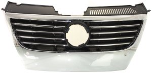 Grille for Volkswagen Passat 2006-2010, Chrome Shell with Black Insert, without Power Assisted Steering Holes, with Parking Distance Control Holes and Chrome Insert Molding, Replacement