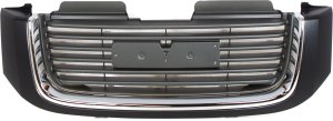 Grille for GMC Envoy 2002-2009, Painted Black Shell with Gray Horizontal Bar and Chrome Insert Opening, Without Washer Hole, Replacement
