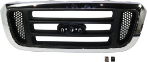 Grille for Ford Ranger 2004-2005, Horizontal Bar Insert, Chrome Shell/Painted Black Insert, 2WD (Two-Wheel Drive), for XL/XLT/Edge/Tremor Models, Replacement