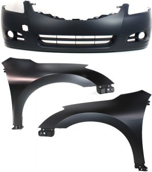 Front Bumper Cover Assembly for 2010-2012 Nissan Altima Sedan, 3-Piece Kit with Fenders, Replacement