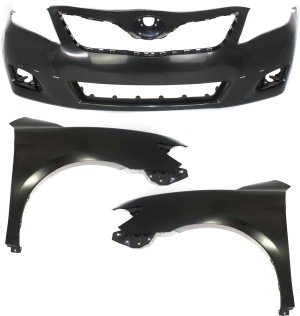 Front Bumper Cover Assembly for 2010-2011 Toyota Camry, Primed (Ready to Paint), with Fog Light Holes, 3-Piece Kit Including Fenders, Replacement