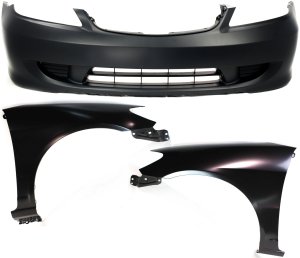 Front Bumper Cover Assembly for 2004-2005 Honda Civic, 3-Piece Kit with Fenders, Replacement