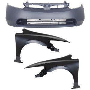 Front Bumper Cover Assembly for 2006-2008 Honda Civic Sedan: 3-Piece Kit with Fenders, Replacement