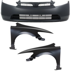 Front Bumper Cover Assembly for 2007-2008 Honda Civic Sedan, 3-Piece Kit with Fenders, Replacement