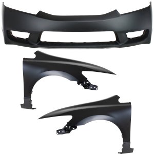 Front Bumper Cover Assembly for 2009-2011 Honda Civic, 3-Piece Kit Includes Fender, Replacement