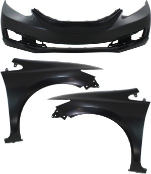 Front Bumper Cover Assembly for 2013-2015 Honda Civic, Primed (Ready to Paint), with Fog Light Holes, 3-Piece kit including Fenders, Replacement