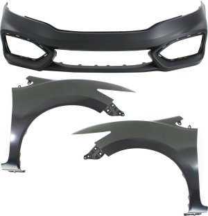 Front Fender Assembly for 2014-2015 Honda Civic, Right (Passenger) and Left (Driver), Primed (Ready to Paint), Steel, without Molding Holes, 3-Piece kit with Bumper Cover, Replacement