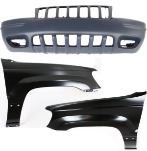 Front Bumper Cover Assembly for 1999-2000 Jeep Grand Cherokee, 3-Piece Kit with Fenders, Replacement Part