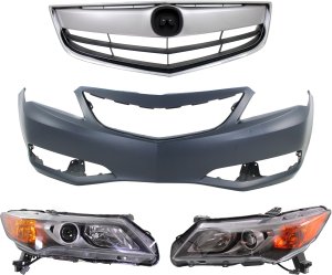 Grille Assembly Kit for 2013-2015 Acura ILX, 4-Piece Set with Bumper Cover and Headlights Replacement