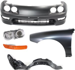 Front Bumper Cover Assembly for 1998-2001 Acura Integra, 5-Piece Kit, Primed (Ready to Paint), Fits GS/GS-R/LS Models, USA Built Vehicle, Includes Fender, Fender Liner, Headlight and Turn Signal Light Replacement
