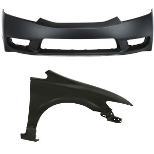 Front Bumper Cover Assembly for 2009-2011 Honda Civic, 2-Piece Kit Includes Fender, Replacement
