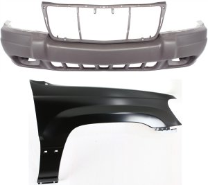 Front Bumper Cover Assembly for Jeep Grand Cherokee 1999-2003, 2-Piece Kit with Fender, Replacement