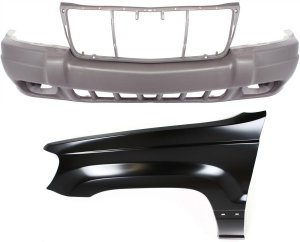 Front Bumper Cover Assembly Kit for Jeep Grand Cherokee 1999-2003, 2-Piece Kit with Fender, Replacement