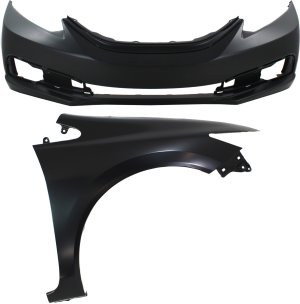 Front Bumper Cover Assembly for 2013-2015 Honda Civic, Primed (Ready to Paint), with Fog Light Holes, 2-Piece Kit, includes Fender Replacement