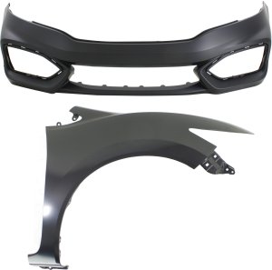 Front Fender Assembly for 2014-2015 Honda Civic, Right (Passenger) Side, Primed (Ready to Paint), Steel, without Molding Holes, with Bumper Cover, 2-Piece Kit Replacement