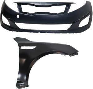 Front Bumper Cover Assembly for KIA OPTIMA 2014-2015, 2-Piece Kit, Primed (Ready to Paint), without Parking Aid Sensor Holes, with Fender, Replacement