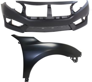 Front Bumper Cover Assembly Kit for 2016-2018 Honda Civic, Primed (Ready to Paint), 2-Piece with Fender, Replacement