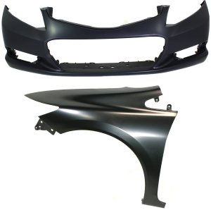 Front Bumper Cover Assembly for 2012-2013 Honda Civic, Primed (Ready to Paint), with Fog Light Holes, 2-Piece Kit, Includes Fender, Replacement