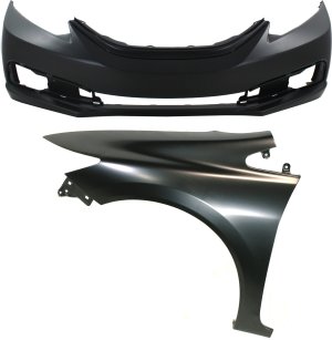 Front Bumper Cover Assembly for 2013-2015 Honda Civic, Primed (Ready to Paint), with Fog Light Holes, 2-Piece kit, Includes Fender, Ideal Replacement