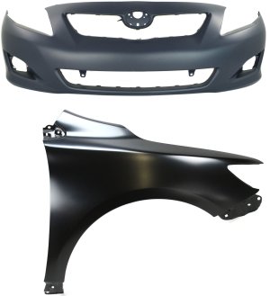 Front Bumper Cover Assembly for 2009-2010 Toyota Corolla, 2-Piece Kit, Primed (Ready to Paint), with Right (Passenger) Fender, Suitable for Japan Built Vehicle, Replacement