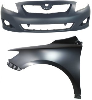Front Bumper Cover Assembly for 2009-2010 Toyota Corolla, 2-Piece Kit, Primed (Ready to Paint), with Left (Driver) Side Fender for Japan Built Vehicle, Replacement