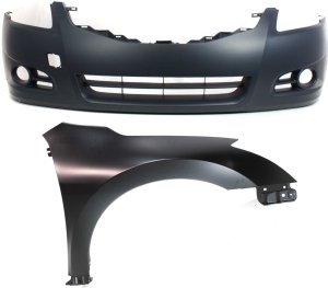 Front Bumper Cover Assembly for 2010-2012 Nissan Altima Sedan, 2-Piece Kit, Primed (Ready to Paint), includes Fender, Replacement