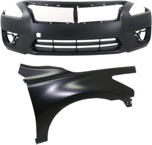 Front Bumper Cover Assembly for 2013-2015 Nissan Altima Sedan, 2-Piece Kit, Primed (Ready to Paint), Includes Fender, Replacement