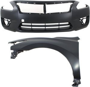 Front Bumper Cover Assembly for 2013-2015 Nissan Altima Sedan, 2-Piece Kit, Primed (Ready to Paint), with Fender, Replacement