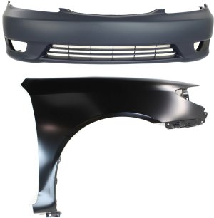 Front Bumper Cover Assembly for 2005-2006 Toyota Camry, 2-Piece Kit, Primed (Ready to Paint), with Fog Light Holes, without Parking Aid Sensor Holes, Includes Fender, Replacement