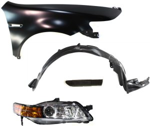Headlight Kit for Acura TL 2007-2008 Right (Passenger), Includes Lens and Housing, Halogen, 4-Piece with Fender, Fender Liner, and Side Marker Replacement
