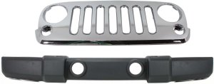 2-Piece Grille and Standard Duty Type Bumper Cover Kit for Jeep Wrangler 2007-2016, with Bumper Cover Replacement