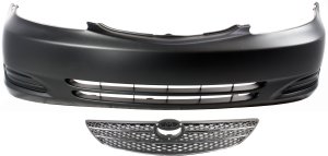 Front Bumper Cover for 2002-2004 Toyota Camry, Primed (Ready to Paint), Without Fog Light Holes, 2-Piece kit, Includes Grille - Replacement