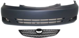 Front Bumper Cover for Toyota Camry 2002-2004, Primed (Ready to Paint), with Fog Light Holes, 2-Piece Kit, Includes Grille, Replacement