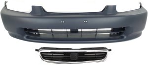Front Bumper Cover for Honda Civic 1996-1998, Primed (Ready to Paint), 2-Piece Kit with Grille, Sedan - Replacement