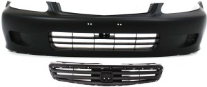 Front Bumper Cover for 1999-2000 Honda Civic, Primed (Ready to Paint), 2-Piece Kit with Grille, Excluding GX Models - Replacement
