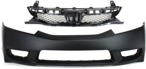Front Bumper Cover for 2009-2011 Honda Civic Sedan, Primed (Ready to Paint), 2-Piece Kit with Grille, Replacement