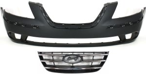 Front Bumper Cover for 2009-2010 Hyundai Sonata, Primed (Ready to Paint), 2-Piece Kit with Grille, Replacement
