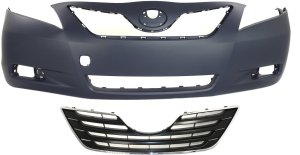 Front Bumper Cover Kit for 2007-2009 Toyota Camry XLE Models, Japan Built, Primed (Ready to Paint), 2-Piece, Includes Grille, Replacement