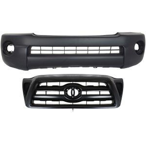 Front Bumper Cover for Toyota Tacoma 2005-2010, Textured, 2-Piece Kit with Grille, Replacement 
