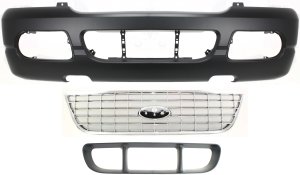 Front Bumper Cover for Ford Explorer 2004-2005, Primed (Ready to Paint), with Fog Light Holes, 3-Piece Kit including Bumper Grille and Grille, Replacement
