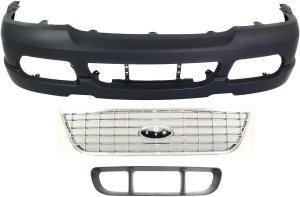 Front Bumper Cover Kit for 2002-2005 Ford Explorer, Primed (Ready to Paint), 3-Piece Set with Fog Light Holes, without Parking Aid Sensor Holes, includes Bumper Grille and Grille, Replacement