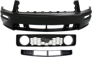 Front Bumper Cover for Ford Mustang 2005-2009, Primed (Ready to Paint), with Fog Light Holes, 3-Piece kit including Bumper Grille and Grille, Replacement