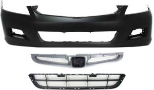 Front Bumper Cover for 2006-2007 Honda Accord, 3-Piece Kit with Bumper Grille and Grille Assembly Replacement