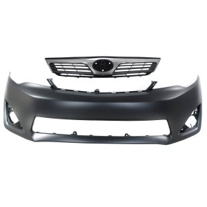 Front Bumper Cover Kit for 2012-2014 Toyota Camry, Primed (Ready to Paint) with Fog Light Holes, Includes 2-Piece Set with Grille, Replacement