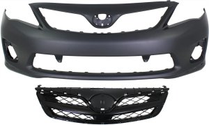 Front Bumper Cover for Toyota Corolla 2011-2013, 2-Piece Kit, Primed (Ready to Paint), with Fog Light Holes, without Parking Aid Sensor Holes, includes Grille Replacement