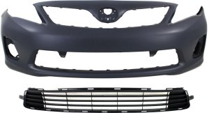 Front Bumper Cover for 2011-2013 Toyota Corolla, Primed (Ready to Paint), 2-Piece Kit with Bumper Grille - Replacement