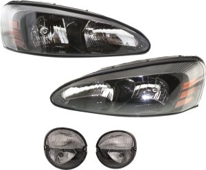 Headlight Assembly Kit for Pontiac Grand Prix 2004-2008, Includes Right (Passenger) & Left (Driver) Halogen Lights, 4-Piece kit with Fog Lights, Replacement