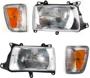 Headlight Assembly Kit for Toyota T100 1993-1998 Right (Passenger) and Left (Driver), 4-Piece with Corner Lights, Replacement
